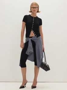 MUSEYN Black Knit Button Up Short Sleeve Fitted Top - Black - View 2