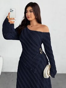 Firerie 大尺碼女款純色不對稱肩長袖上衣與裙子時尚兩件套 - 藏蓝色 - 查看 2