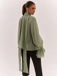SHEIN BAE 女款純色插肩袖喇叭袖優雅襯衫 - 軍綠色 - 查看 2