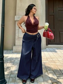 Rivivi Plus Size Women Non-Stretch Denim Straight Leg Pants With Metal Button Decor, Cowboy Outfits For Women - Dark Wash - View 6