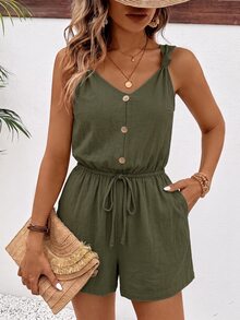 SHEIN Frenchy 女款休閒極簡橄欖綠鈕扣連身褲 - 軍綠色 - 查看 4