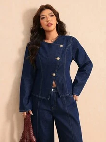 Elaquor Plus Size Autumn Casual Commute Jacket & Jeans 2 Pieces Set, Fall Winter Outfits For Women, Asymmetrical Denim Set, Office, Business, Commuter Set. - Blue - View 6