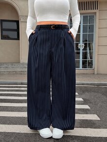 SHEIN EZwear Pantalones de pierna ancha casuales con cierre de botones y cinturón en unicolor para otoño/invierno en talla grande - Azul Marino - Ver 5