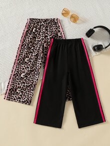 SHEIN 小女孩與媽媽母女款休閒百搭通勤日常穿著復古美式運動風豹紋白色對比色蝴蝶結緞帶鬆身長直筒褲，度假、夏季、旅行 - 彩色 - 查看 3