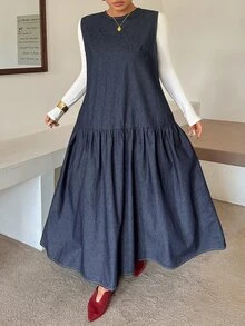 Dazy Plus 大尺碼女款圓領純色休閒度假風牛仔長洋裝，春/夏 - 藏蓝色 - 查看 8