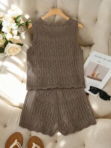 SHEIN Franclia 女款秋季極簡波希米亞度假風海灘色拼接波浪領鏤空細肩帶修身顯瘦對比色針織背心毛衣兩件套 - 摩卡棕 - 查看 2