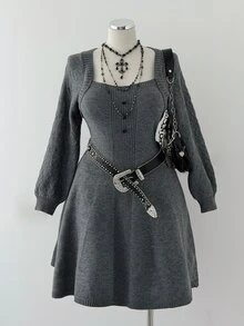 Sunspun Plus Size Casual Heart Button Heart Pattern Knit A-Line Sweater Dress - Grey - View 7