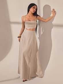 SHEIN PETITE 女款度假休閒純色短版細肩帶背心與裙子兩件套 - 杏色 - 查看 7