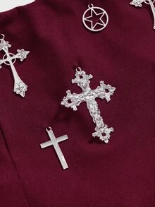 ROMWE Goth 女款復古性感亞文化十字裝飾高開衩緊身包臀迷你裙，大尺碼 - 紅色 - 查看 4