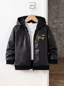 SHEIN 男童新款活力黑色PU皮革長袖連帽拉鍊開襟外套，時尚刺繡圖案，舒適面料，修身剪裁，秋冬新款，適合多季節與多場合，兒童套裝，小男孩夏秋套裝 - 黑色 - 查看 5