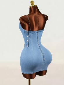 Mistrie Women's Button Design Slim Fit Spaghetti Strap Denim Dress - Blue - View 2