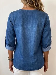 Linhara CURVE Women's Plus Size Denim Effect Print Blue Decorative Button Shirt - Blue - View 2