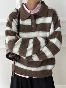 DAZY Sweater Kasual Urban Longgar Bergaris Blok Warna Berkerah untuk Wanita - Coklat - View 5