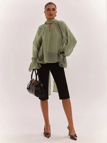 SHEIN BAE 女款純色插肩袖喇叭袖優雅襯衫 - 軍綠色 - 查看 3