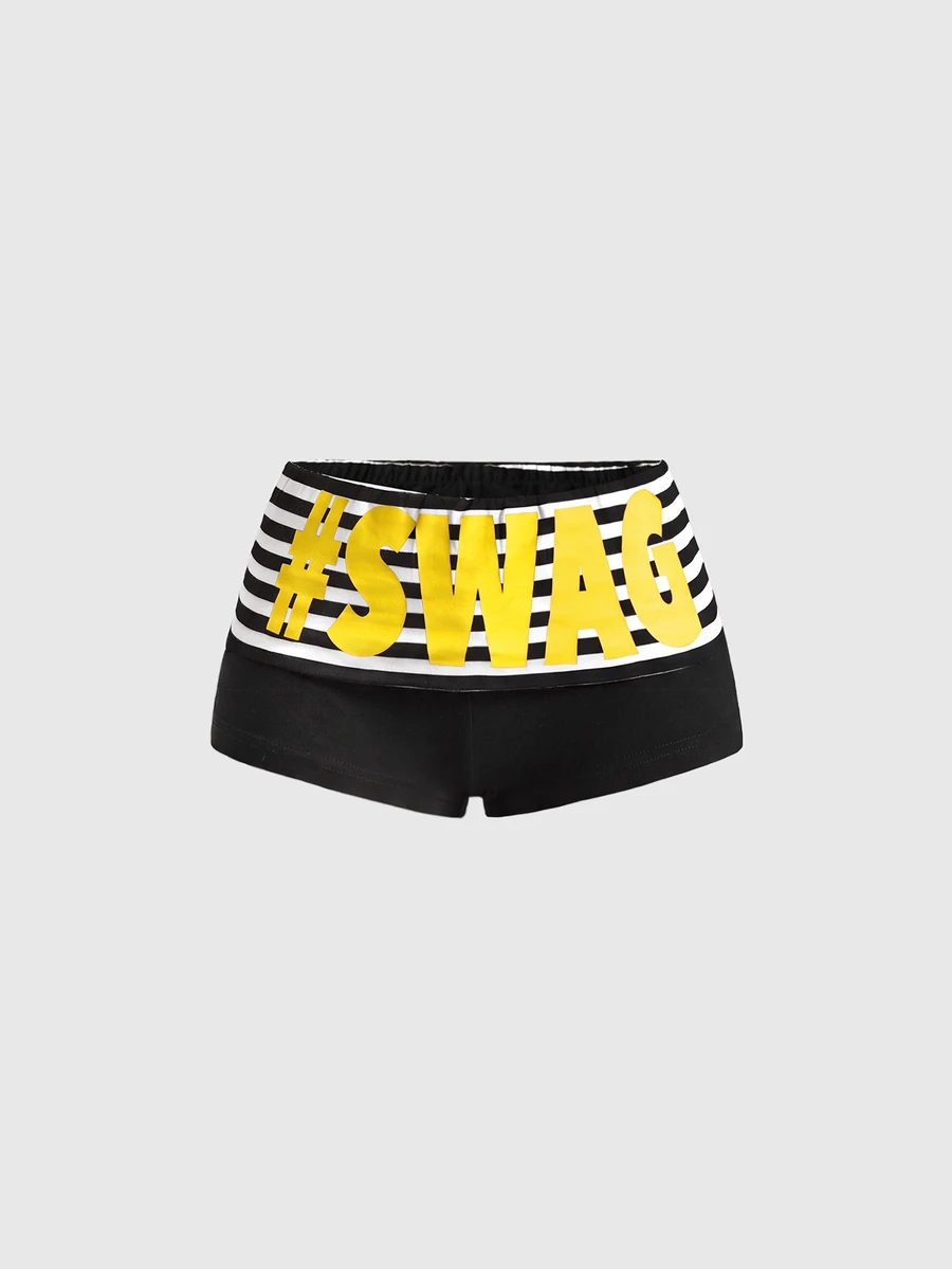 ROMWE Grunge Punk Summer Y2K Slogan Contrast Color Black & Pink Print Striped Fold-Over Waist Mini Super Short Shorts - Yellow - View 1