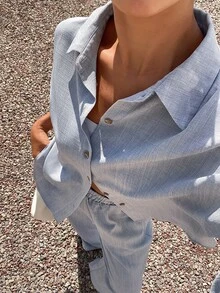 DAZY Women's Solid Color Shirt And Pants 2 Pieces Set For Vacation And Casual Wear Fall - Blue - View 4