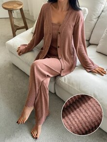 DAZY طقم ملابس منزلية نسائي من 3 قطع بتصميم بسيط بلون موحد مع روب مخملي وكاميول وبنطال طويل لفصلي الربيع والخريف والشتاء - وردي المرجاني - مشاهدة 4