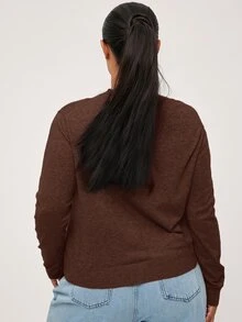 SHEIN BASICS 休閒純色長袖開襟針織衫，大尺碼秋冬服飾 - 咖啡棕 - 查看 2