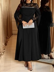 Reflora Gaun Ukuran Besar Elegan Formal Kasual Elegan Pesta Malam Formal Koktail Formal Renda Patchwork Dekorasi Rhinestone Hitam Musim Dingin Hitam Musim Gugur - Hitam - View 6
