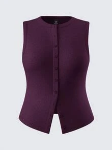SHEIN BASICS 休閒純色針織修身大尺碼背心 - 紫色 - 查看 1