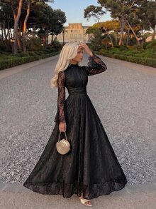 Firerie Women's Elegant Long Lace Dress With Stand Collar And Bell Sleeves - Black - View 10