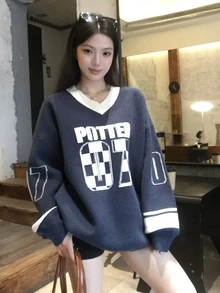 DAZY Women's Casual Letter Pattern Sweater, Autumn/Winter Cute Tops - Navy Blue - View 5