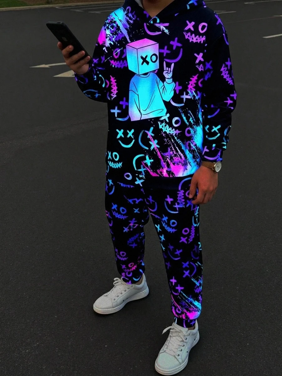 Kids 2pcs Tween Boy All-Over Print Print Autumn Street Style Hoodie And Sweatpants Set; Suitable For Autumn And Winter, Back-To-School Season
