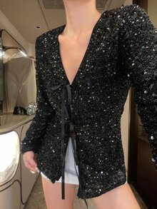 DAZY Women's Solid Color Sequin Front Tie Long Sleeve Elegant Blouse Fall - Black - View 1