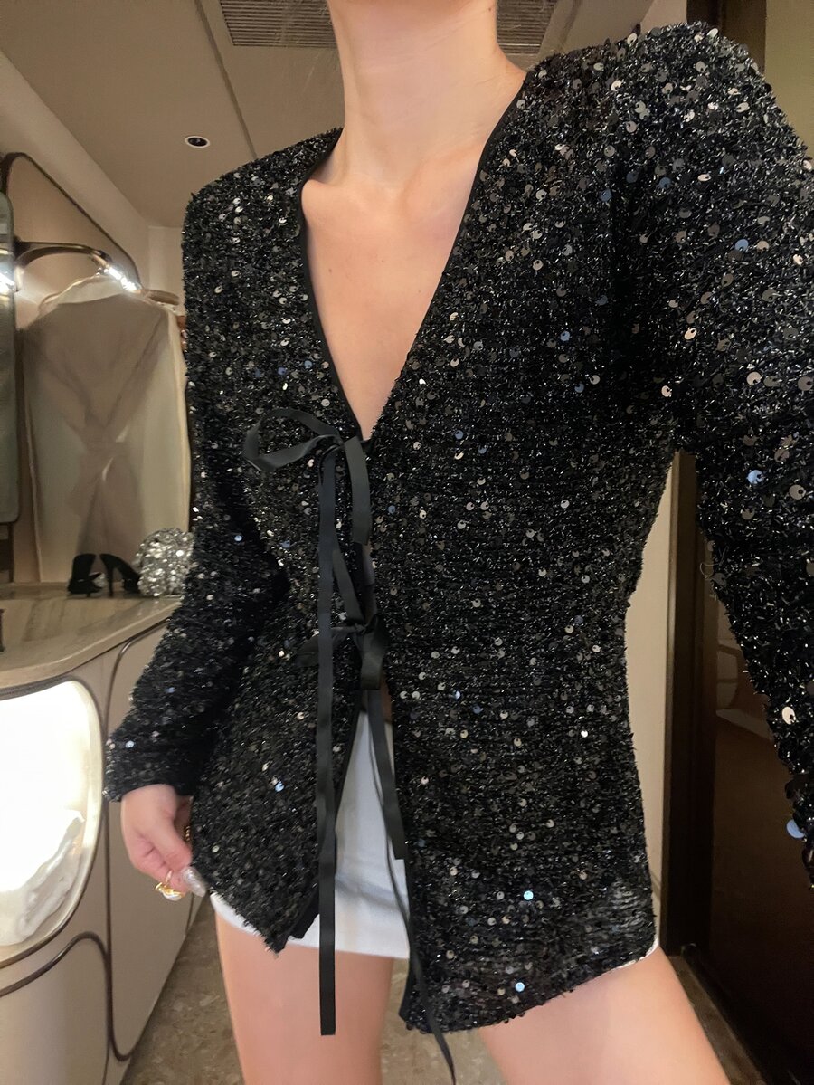 DAZY Women's Solid Color Sequin Front Tie Long Sleeve Elegant Blouse Fall - Black - View 1