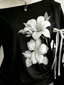 Lalippa 女款露肩寬鬆休閒簡約性感風長袖上衣，適合日常穿著與約會，春夏秋季新款時尚花卉圖案T恤上衣 - 彩色 - 查看 4