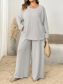 SHEIN CURVE+ Plus Size Striped Long Sleeve Top And Pants 2-Piece Set, Casual Vacation Outfit, Women's Autumn Casual Set - Apricot - View 8