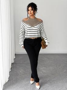 SHEIN Elenzya 大尺碼女款假兩件式露肩拼色條紋時尚套頭毛衣 - 杏色 - 查看 3