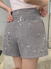 DAZY Women's Elegant Ruched Casual Shorts With Sequin Decor Vacation - Light Grey - View 4