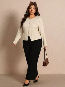Elaquor Plus Size Autumn Casual Solid Color Front Button T-Shirt - Apricot - View 4