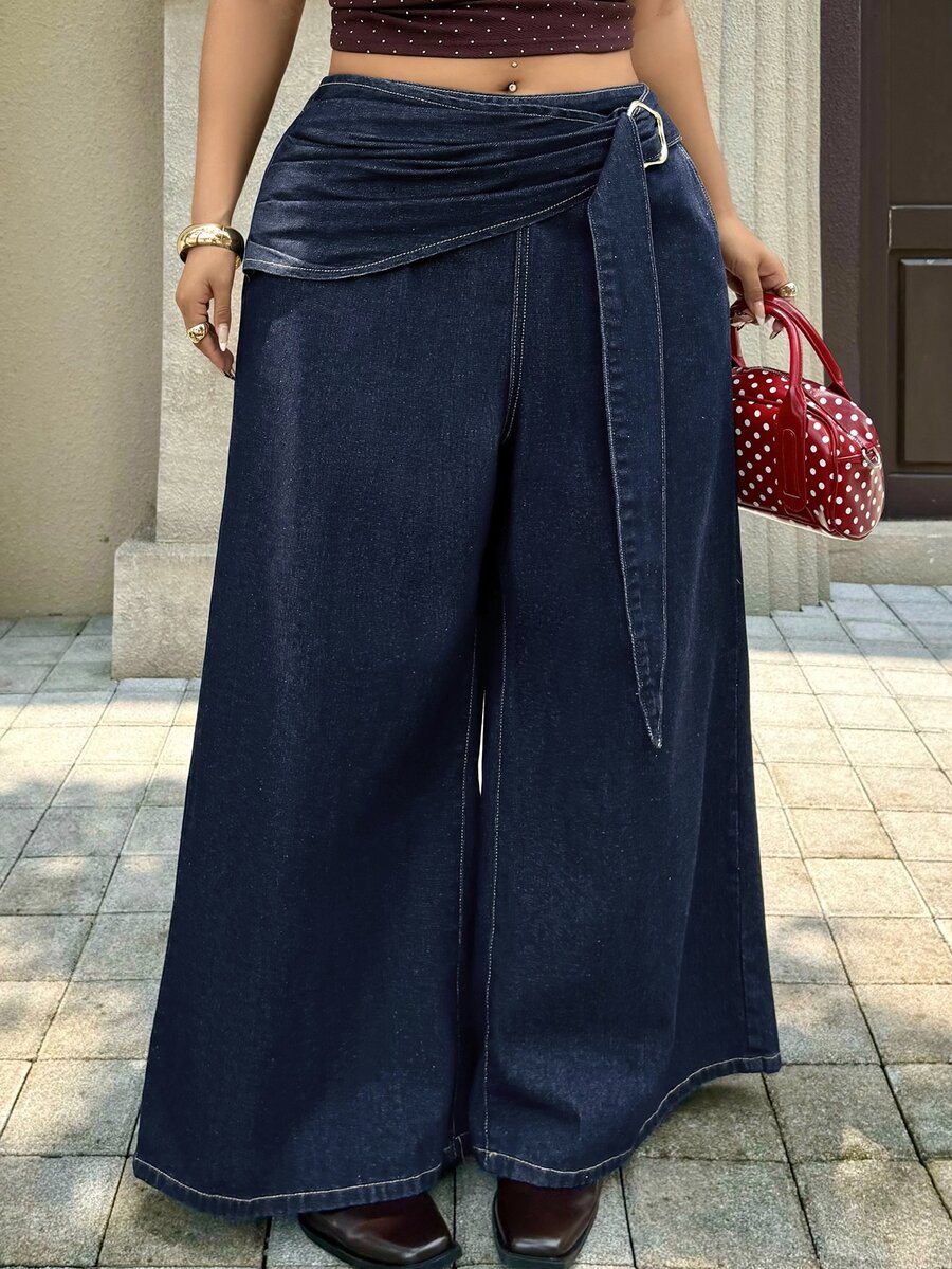 Rivivi Plus Size Women Non-Stretch Denim Straight Leg Pants With Metal Button Decor, Cowboy Outfits For Women - Dark Wash - View 1