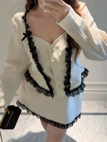 Vibekara Plus Size Elegant Elegant Contrast Color Lace Trim Jacket & Skirt Set Fall - White - View 6