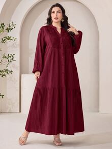 Al Najma Plus Size Solid Color Lace Patchwork Dress - Burgundy - View 5