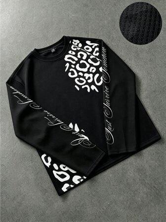 Herren Waffelstoff Locker sitzendes Langarm T-Shirt mit Blumenbuchstaben & Leopardenmuster