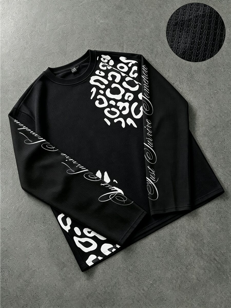 ROMWE MEN Kaos Pria Lengan Panjang Longgar Berbahan Waffle dengan Huruf Bunga dan Motif Leopard - Hitam - View 1