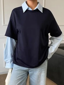 DAZY Women's Loose Letter Print 2 In 1 Long Sleeve Collared Casual Streetwear Vacation Sweatshirt, Spring/Autumn - Blue - View 5