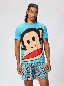 Paul Frank X SHEIN Men's Crew Neck Short Sleeve Top And Shorts Loungewear Set - Blue - View 4