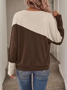SHEIN LUNE Women's Colorblock Patchwork Batwing Sleeve Sweatshirt - Brown - View 9