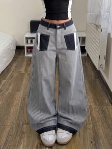 SHEIN Women's Casual Striped Curved Leg Jeans - Blue - View 4