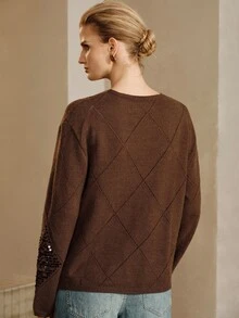 Arave Sweater Rajut Wanita Longgar Motif Argyle dengan Bordir Payet, Kasual Sehari-hari, Warna Polos, Serbaguna, Ukuran Besar, Leher Bulat, Lengan Panjang, Pullover - Coffee Brown - View 6