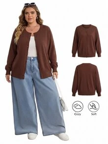 SHEIN CURVE+ 大尺碼休閒純色圓領長袖寬鬆女款黃色針織開襟衫 - 棕色 - 查看 1