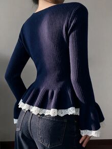 Seusyu Elegant French Fashion Ruffle Trim Gold Button Fitted Round Neck Long Sleeve Knit Lace Edge Starfish Sweater Top For Women Brunch Tea Party Fall - Royal Blue - View 3