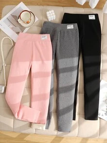 SHEIN 青少年女孩保暖內裡羅紋內搭褲 3件組，黑色粉色灰色拼接設計，返校季 - 彩色 - 查看 4