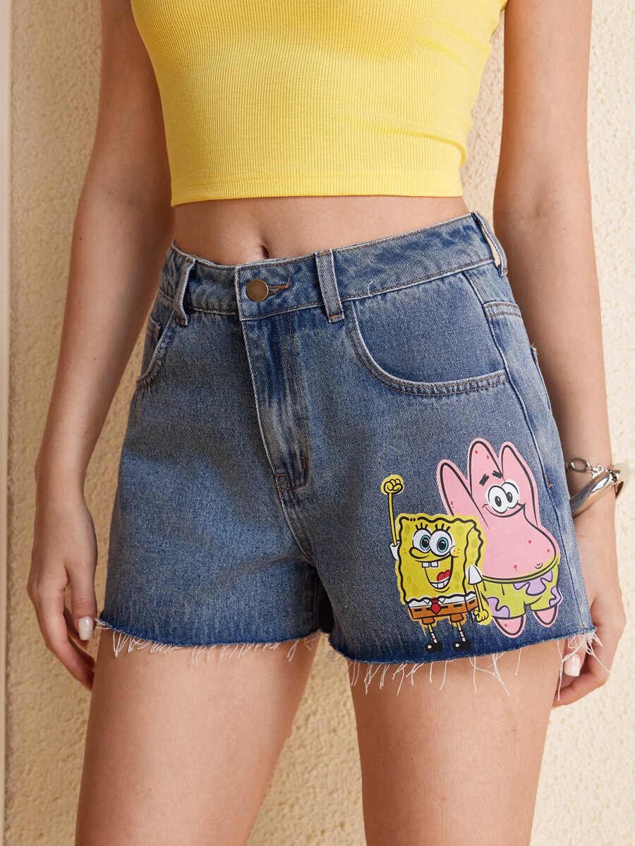 SpongeBob SquarePants | SHEIN Women's Summer Casual Cartoon Print Denim Shorts - Blue - View 1