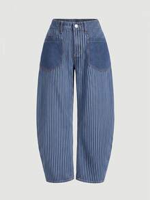 EMERY ROSE Plus Size Women's Pocket Design Striped Casual Loose Fit Denim Jeans - Dark Wash - View 7