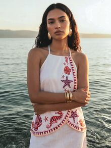 CAJUNI Top With Wrap-Style Front And Halter Neck, Sea Element Print. - White - View 3
